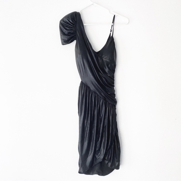 Bebe x Kardashians Black Shiny Metallic Ruched Mini Dress Size M Party Cocktail - Picture 3 of 14